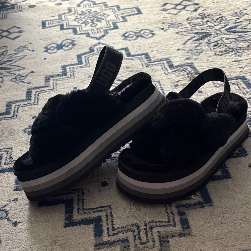 UGG Women's Black Fluffy Platform Slippers